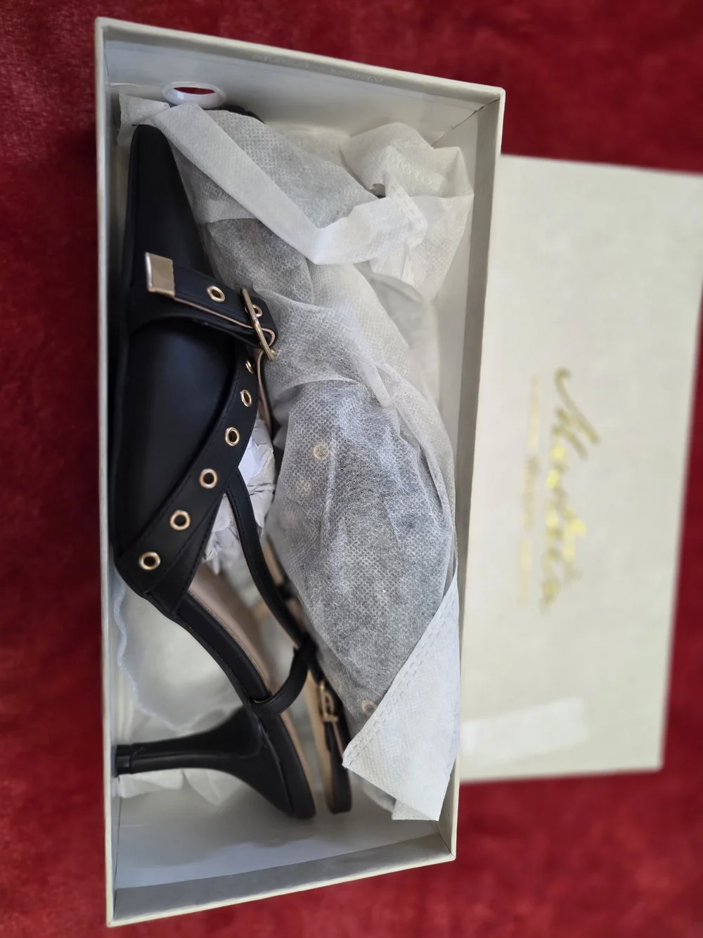 Black Pointed Toe Slingback Heels with Gold Buckle Accent